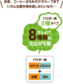 お茶、コーヒーからみそ汁やスープまでいろんな飲み物を楽しみたいなら…全部で8種類の抽出が可能なパウダー茶3種タイプ「PTE-100H3WA1-T1シリーズ」